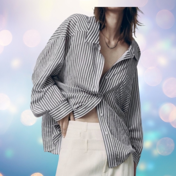 Zara Tops - ZARA Oversized Gray & White Pinstripe Button Down Viscose Shirt L